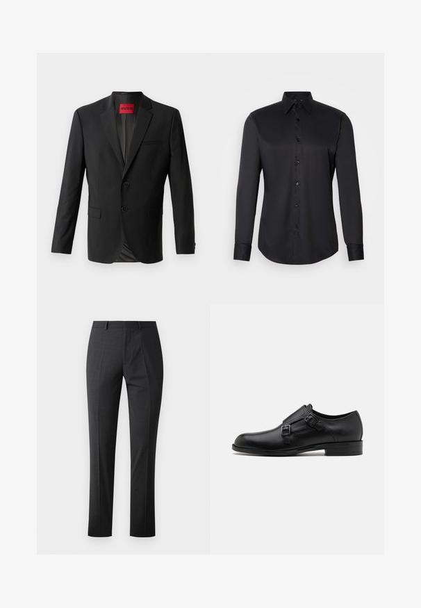 Schwarzer Blazer aus glattem Stoff, mit zwei vorderen Knöpfen, eingeklappten Revers und einer einzelnen Brusttasche. Etikett innen im Kragen sichtbar.; Schwarze Hemdbluse aus glattem Stoff, mit klassischem Kragen, langen Ärmeln und Knopfverschluss auf der Vorderseite.; Maßgeschneiderte dunkelgraue Hose mit glatter Textur, schlankem Schnitt, flachem Frontdesign und normalem Bund. Verfügt über gepresste Falten und keine sichtbaren Muster.; Schwarze Leder- Schnürschuhe mit doppelten Schnallen, schlanker Silhouette und runder Zehenpartie. Sie verfügen über einen niedrigen Absatz und eine glatte Textur.