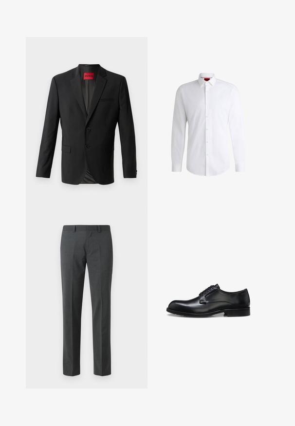 Sort blazer lavet af glat stof, med to frontknapper, spidse klapper og en enkelt brystlomme. Etiket synlig inde i kraven.; Hvid skjorte med knapper lavet af glat stof med klassisk krave, lange ærmer og rundet kant. Har beige knapper foran.; Mørkegrå skræddersyede bukser lavet af et glat tekstil. Har lige ben, flad front og bæltestropper. Ingen synlige mønstre eller accenter.; Sort poleret læder herresko med lukket snøresystem, lav hæl og diskret mærkedetalje nær hælen på hvid baggrund.