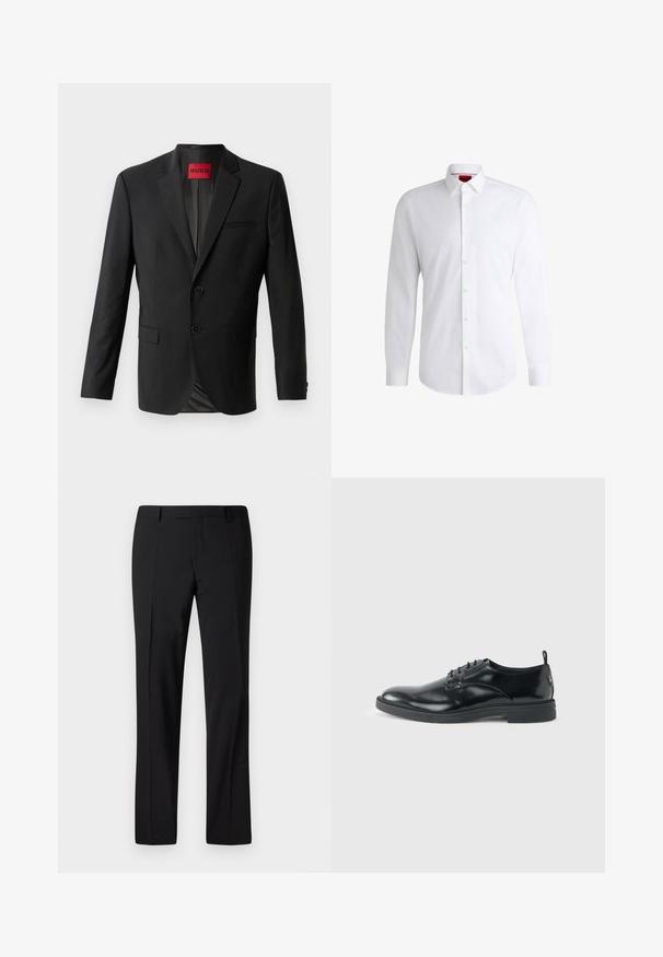 Zwarte blazer gemaakt van gladde stof, met twee knopen aan de voorkant, inspringende revers en een enkele borstzak. Label zichtbaar in de kraag.; Witte overhemden van soepel materiaal met een klassieke kraag, lange mouwen en een afgeronde zoom. Voorzien van beige knopen aan de voorkant.; Zwarte op maat gemaakte broek met een rechte pijp ontwerp, voorzien van een gladde textuur, geplooide voorkant en een klassieke tailleband voor een formele uitstraling.; Glanzende zwarte lederen nette schoen met lage hak, vetersluiting en ronde neus, van opzij getoond tegen een effen lichte achtergrond.