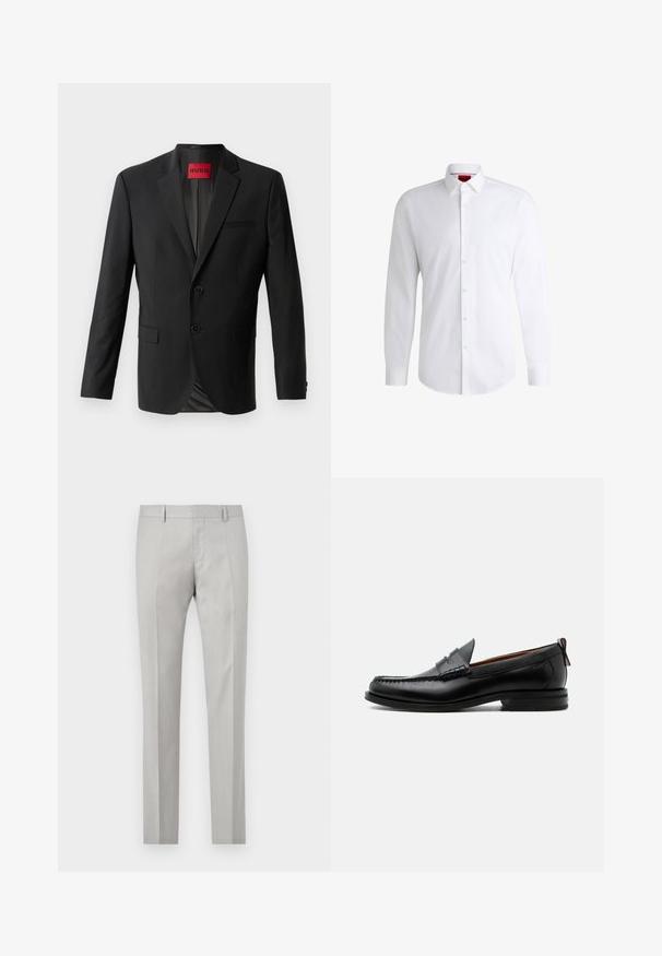 Blazer negro hecho de tela suave, con dos botones frontales, solapas con muesca y un bolsillo en el pecho. Etiqueta visible en el interior del cuello.; Camisa blanca de botones, confeccionada en tela suave, con collar clásico, mangas largas y dobladillo curvado. Presenta botones beige en la parte delantera.; Pantalones ajustados de color gris claro con una textura suave, frente plano y dos bolsillos laterales. Presentan piernas rectas y detalles de pliegue sutiles.; Mocasín de hombre de piel negra con costura moc toe, tira penny, cuello texturizado y tacón bajo apilado sobre fondo blanco.
