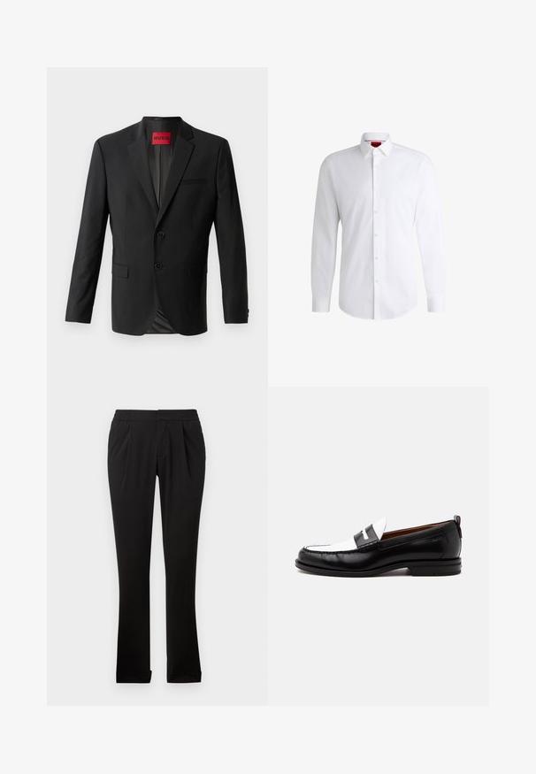 Zwarte blazer gemaakt van gladde stof, met twee knopen aan de voorkant, inspringende revers en een enkele borstzak. Label zichtbaar in de kraag.; Witte overhemden van soepel materiaal met een klassieke kraag, lange mouwen en een afgeronde zoom. Voorzien van beige knopen aan de voorkant.; Zwarte broeken van gladde stof met een elastische tailleband, rechte pijpen, plooien aan de voorkant en omgeslagen zoom. Eenvoudig en veelzijdig ontwerp.; Zwart-witte leren loafer met gestikte details, lage hak en slip-on ontwerp, zijaanzicht op een egale achtergrond.