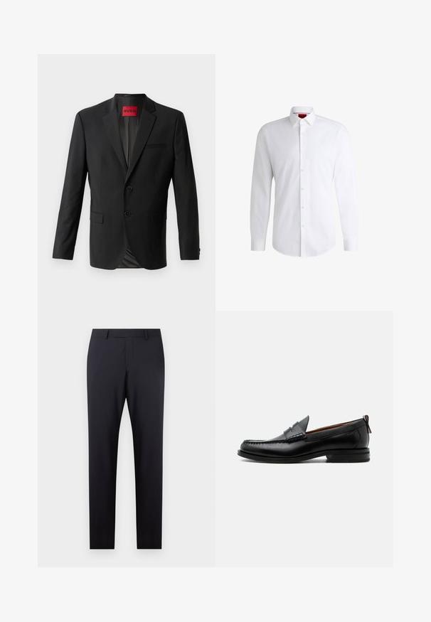 Sort blazer lavet af glat stof, med to frontknapper, spidse klapper og en enkelt brystlomme. Etiket synlig inde i kraven.; Hvid skjorte med knapper lavet af glat stof med klassisk krave, lange ærmer og rundet kant. Har beige knapper foran.; Mørkeblå skræddersyede bukser med flad front, slim fit, sidelommer og en glat tekstur; ingen synlige mønstre eller dekorative elementer.; Sort læder herre loafer med moc-tå syning, penny strop, struktureret krave og lav stablet hæl på hvid baggrund.