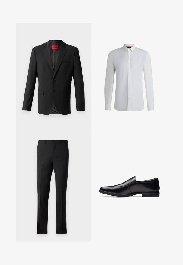 Blazer noir en tissu lisse, avec deux boutons à l'avant, revers crantés et une poche poitrine simple. Étiquette visible à l'intérieur du col.; Chemise blanche à manches longues avec un col boutonné, présentant une texture lisse, une coupe droite et un détail subtil le long de la patte de boutonnage.; Pantalons noirs à coupe ajustée, avec un devant plat, deux plis, des passants de ceinture et une texture lisse. Aucune motif ou métal visible.; Chaussure noire en cuir à enfiler avec un bout pointu, finition polie, détails de couture subtils et semelle en caoutchouc à profil bas.