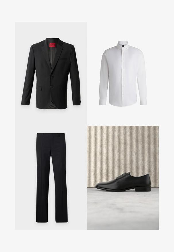 Blazer noir en tissu lisse, avec deux boutons à l'avant, revers crantés et une poche poitrine simple. Étiquette visible à l'intérieur du col.; Chemise blanche à manches longues en coton lisse, dotée d'un col classique, d'une patte de boutonnage complète et de poignets à bouton. Design minimaliste.; Pantalons noirs ajustés avec une coupe droite, des plis marqués et une finition lisse. Fabriqués en tissu léger avec une taille nette.; Chaussure habillée en cuir noir au design épuré, à bout arrondi, avec cinq œillets pour les lacets et un petit talon rehaussé. Détail du logo embossé subtil.