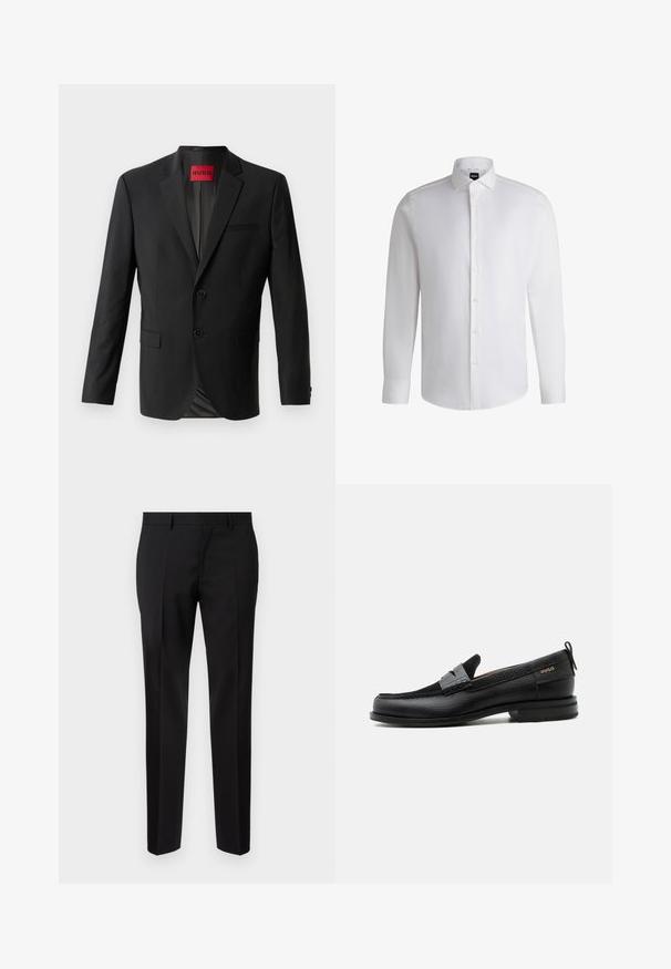 Blazer negro hecho de tela suave, con dos botones frontales, solapas con muesca y un bolsillo en el pecho. Etiqueta visible en el interior del cuello.; Camisa blanca de manga larga hecha de algodón suave, con un cuello clásico, botonera completa y puños abotonados. Diseño minimalista.; Pantalones negros de corte ajustado, hechos de una tela suave, con pernera recta, detalles de pinzas refinadas y una cinturilla clásica con ojales para cinturón.; Mocasín de cuero negro con detalle de tira gris, tacón bajo y suela texturizada, con la marca "HUGO" en oro en el lateral.