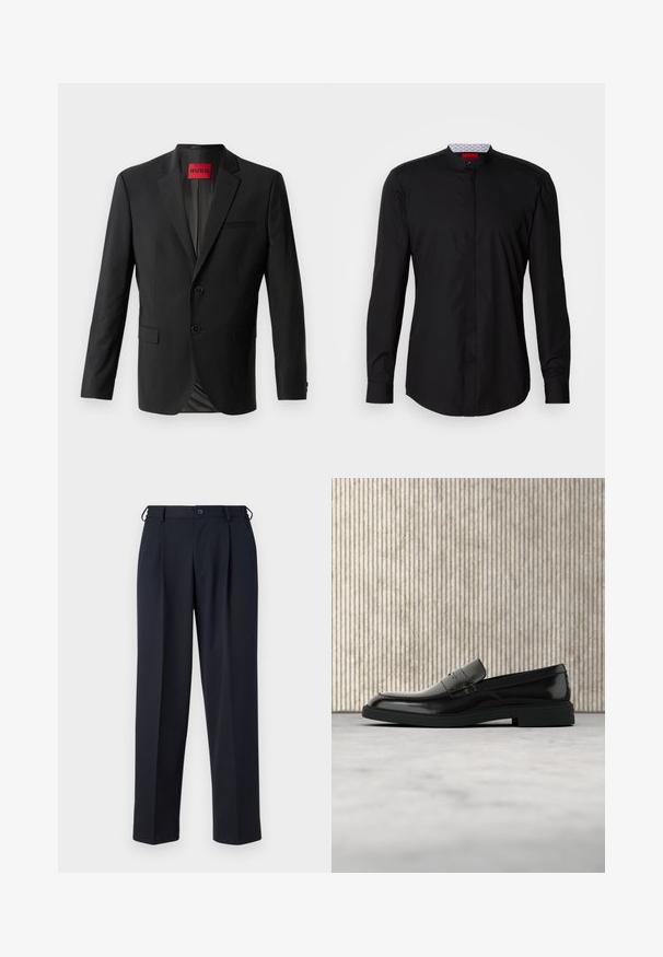 Zwarte blazer gemaakt van gladde stof, met twee knopen aan de voorkant, inspringende revers en een enkele borstzak. Label zichtbaar in de kraag.; Zwart shirt met lange mouwen en een mandarijnkraag, gemaakt van een gladde stof, met een knoopsluiting aan de voorkant en subtiele designdetails.; Donkerblauwe op maat gemaakte broek met knoop- en ritsluiting aan de voorkant, riemlussen en zijzakken, getoond op een witte achtergrond.; Zwarte gepolijste leren loafer die boven een beige tapijt zweeft met oranje doorschijnend meubilair op de achtergrond.