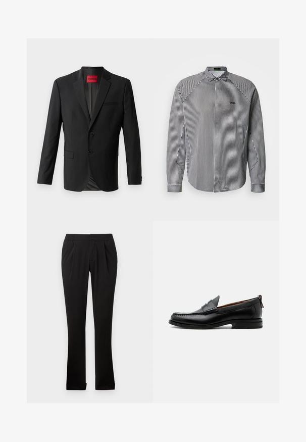 Sort blazer lavet af glat stof, med to frontknapper, spidse klapper og en enkelt brystlomme. Etiket synlig inde i kraven.; Stribet skjorte med knapper i sort og hvid, med klassisk krave, lange ærmer og diskret logo broderi på brystet.; Sorte bukser lavet af glat stof med elastisk talje, lige ben, frontfolder og opretstående sømme. Enkel og alsidig design.; Sort læder herre loafer med moc-tå syning, penny strop, struktureret krave og lav stablet hæl på hvid baggrund.