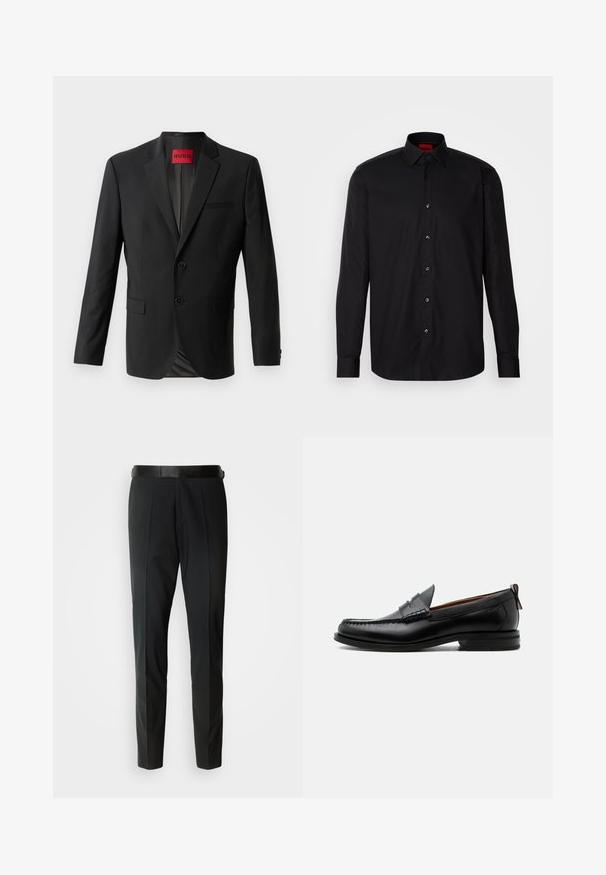 Blazer negro hecho de tela suave, con dos botones frontales, solapas con muesca y un bolsillo en el pecho. Etiqueta visible en el interior del cuello.; Camisa negra de manga larga hecha de una tela suave, con un cuello clásico con tapa, cierre frontal de botones y un ajuste entallado.; Pantalones negros ajustados con una textura suave, que cuentan con un frente plano, sutiles pliegues y un delgado cinturón negro.; Mocasín de hombre de piel negra con costura moc toe, tira penny, cuello texturizado y tacón bajo apilado sobre fondo blanco.