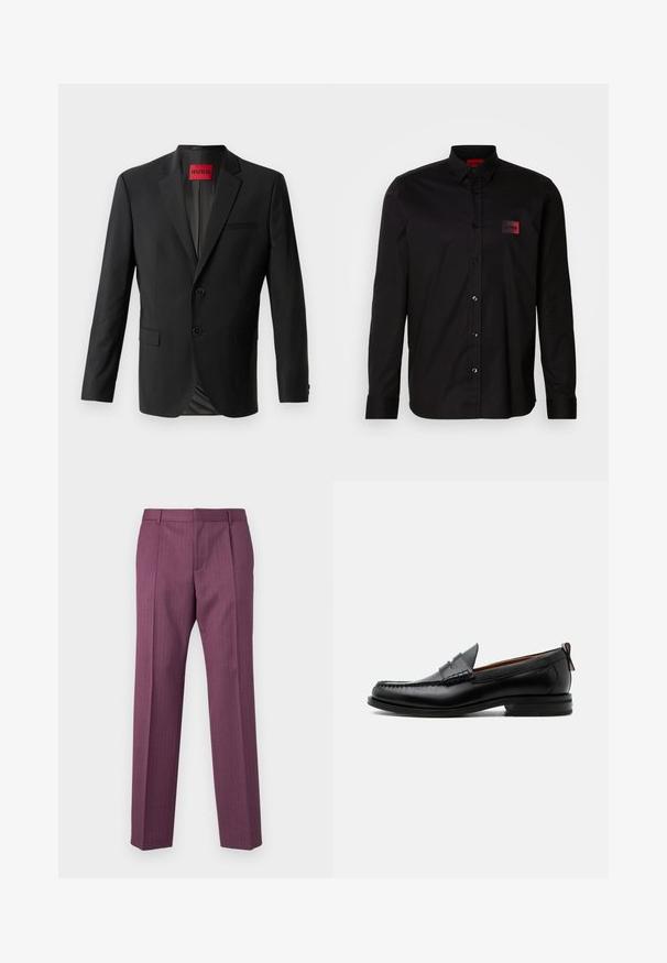 Schwarzer Blazer aus glattem Stoff, mit zwei vorderen Knöpfen, eingeklappten Revers und einer einzelnen Brusttasche. Etikett innen im Kragen sichtbar.; Schwarzes Langarmshirt aus glattem Stoff, mit Knopfverschluss, klassischem Kragen und einem kleinen roten Markenpatch auf der Brust.; Lila, gestreifte Hose mit geraden Beinen, taillierter Passform und Fronttaschen. Hergestellt aus leichtem Material, mit Gürtelschlaufen und Bügelfalte.; Schwarzer Leder-Herrenschuh mit Mokassinnaht, Penny-Riemen, strukturiertem Kragen und niedrigem gestapeltem Absatz auf weißem Hintergrund.