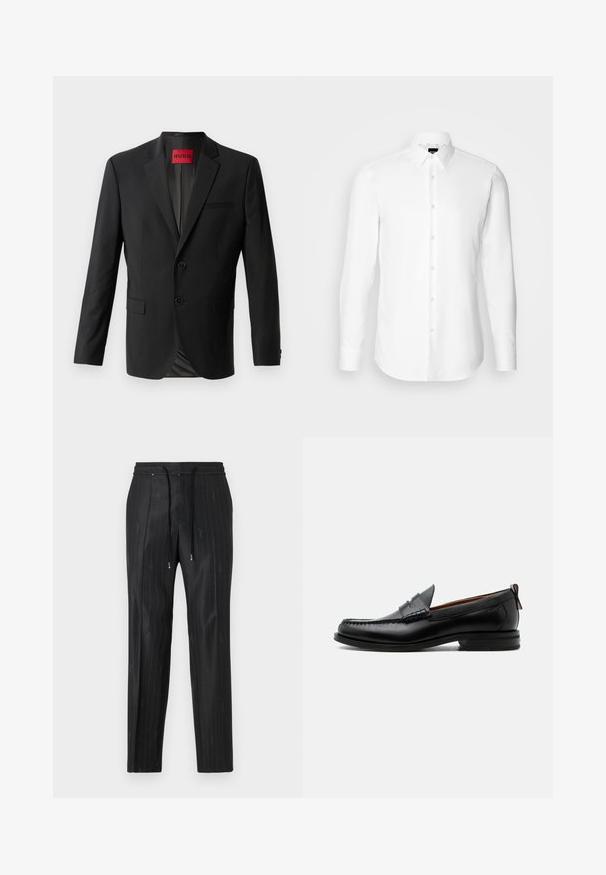 Blazer noir en tissu lisse, avec deux boutons à l'avant, revers crantés et une poche poitrine simple. Étiquette visible à l'intérieur du col.; Chemise blanche à manches longues, boutonnée sur le devant, col classique, fabriquée en tissu lisse avec une texture subtile, conçue pour une coupe ajustée.; Pantalons noirs à rayures fines en tissu lisse avec une ceinture élastique confortable et des accents de cordon de serrage. Présente des détails de logo subtils.; Mocassin homme en cuir noir avec couture moc toe, bride penny, col texturé et petit talon empilé sur fond blanc.