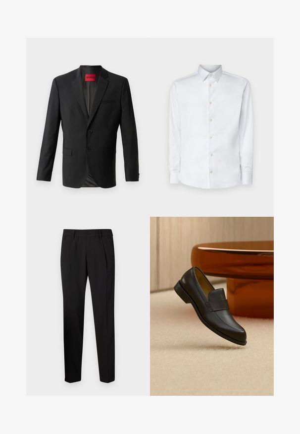 Sort blazer lavet af glat stof, med to frontknapper, spidse klapper og en enkelt brystlomme. Etiket synlig inde i kraven.; Hvid langærmet skjorte lavet af glat stof, med en klassisk krave, knaplukning og manchetter med knapper, vist på en ensfarvet baggrund.; Sorte skræddersyede bukser med lige pasform, der har et elastisk talje bånd, en enkelt knap lukning og to frontplisseringer for ekstra detalje.; Sort læder loafers med lav hæl svævende over beige tæppe ved rundt brunt bord.