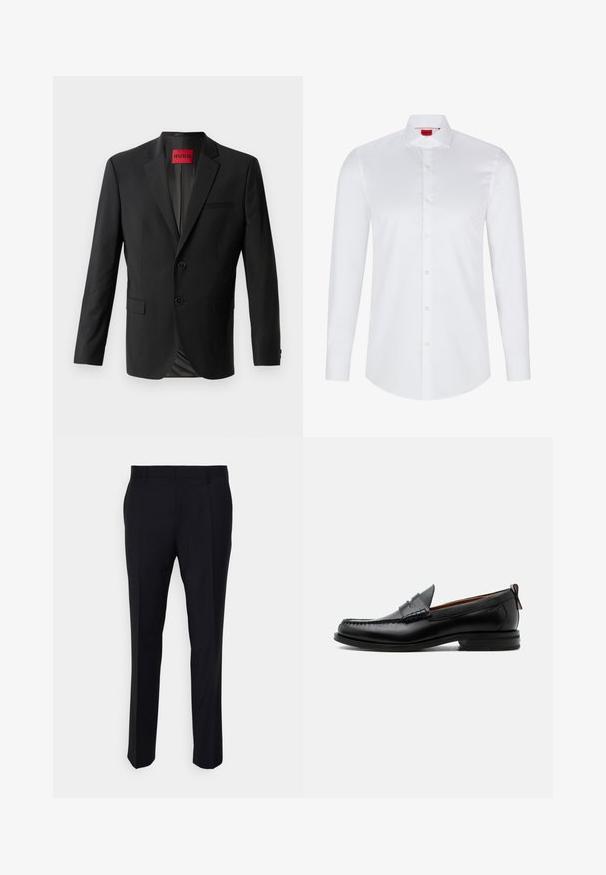 Blazer noir en tissu lisse, avec deux boutons à l'avant, revers crantés et une poche poitrine simple. Étiquette visible à l'intérieur du col.; Chemise blanche à manches longues avec boutons en coton lisse. Présente un col classique, une patte de boutonnage pleine et un ourlet arrondi.; Pantalon noir en tissu tissé, à coupe ajustée, avec un devant plat, des poches latérales et une coupe droite.; Mocassin homme en cuir noir avec couture moc toe, bride penny, col texturé et petit talon empilé sur fond blanc.