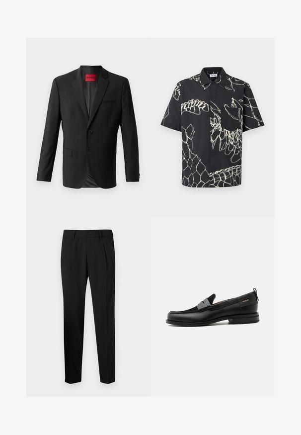 Blazer negro hecho de tela suave, con dos botones frontales, solapas con muesca y un bolsillo en el pecho. Etiqueta visible en el interior del cuello.; Camisa negra de manga corta con botones, con patrones abstractos en líneas blancas y un bolsillo en el pecho, sobre un fondo liso.; Pantalones negros a medida con corte recto, que cuentan con una cinturilla elástica, un cierre de un solo botón y dos pliegues frontales para un detalle adicional.; Mocasín de cuero negro con detalle de tira gris, tacón bajo y suela texturizada, con la marca "HUGO" en oro en el lateral.