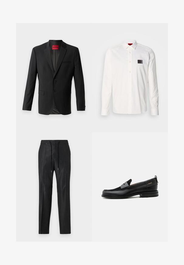 Sort blazer lavet af glat stof, med to frontknapper, spidse klapper og en enkelt brystlomme. Etiket synlig inde i kraven.; Hvid langærmet skjorte lavet af bomuld, med en knappet krave, forstykke med knapper og en sort logo-patch på venstre bryst.; Sorte pinstripede bukser lavet af glat stof med en komfortabel elastisk talje og snøre detaljer. Har diskret logo detaljering.; Sort læderloafer med grå remdetalje, lav hæl og tekstureret sål, mærket med "HUGO" i guld på siden.