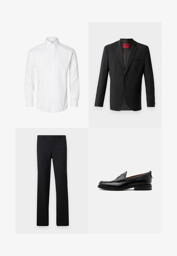 Blazer noir en tissu lisse, avec deux boutons à l'avant, revers crantés et une poche poitrine simple. Étiquette visible à l'intérieur du col.; Chemise blanche à manches longues avec boutons, col pointu, boutons visibles sur le devant et poignets fermés par des boutons.; Pantalons noirs ajustés avec une coupe droite, des plis marqués et une finition lisse. Fabriqués en tissu léger avec une taille nette.; Mocassin homme en cuir noir avec couture moc toe, bride penny, col texturé et petit talon empilé sur fond blanc.