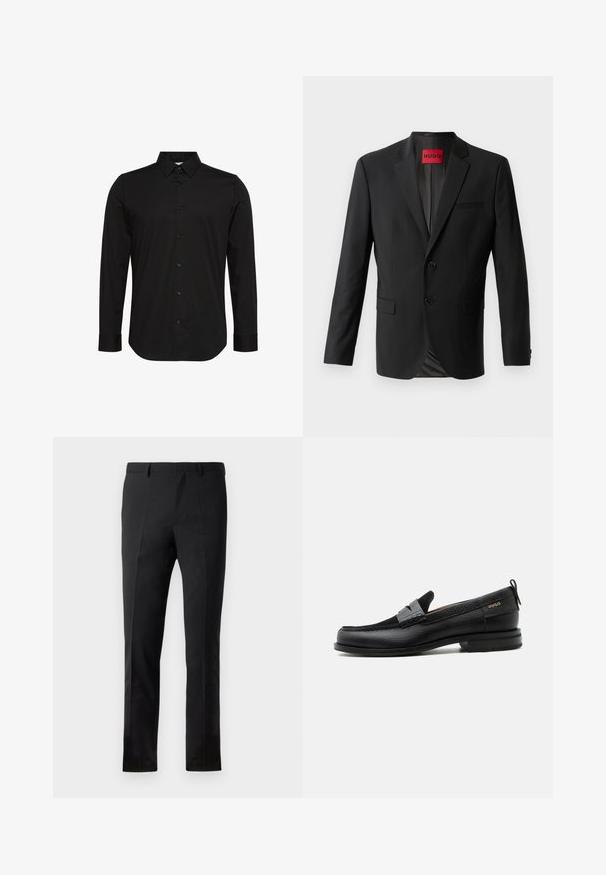 Blazer negro hecho de tela suave, con dos botones frontales, solapas con muesca y un bolsillo en el pecho. Etiqueta visible en el interior del cuello.; Camisa negra de manga larga hecha de tela suave, con un cuello puntiagudo, cierre frontal con botones y un pequeño logo en el pecho.; Pantalones negros con un corte ajustado, que presentan un frente plano, dos pliegues, pasadores para cinturón y una textura suave. Sin patrones ni accesorios visibles.; Mocasín de cuero negro con detalle de tira gris, tacón bajo y suela texturizada, con la marca "HUGO" en oro en el lateral.