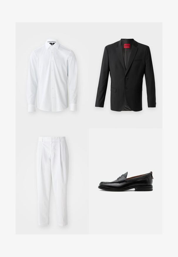 Blazer noir en tissu lisse, avec deux boutons à l'avant, revers crantés et une poche poitrine simple. Étiquette visible à l'intérieur du col.; Chemise blanche à manches longues avec un col structuré, présentant un motif texturé subtil, une fermeture à boutons et un ourlet arrondi.; Pantalons plissés blancs à taille haute et longueur cropped, avec une texture lisse et des lignes épurées. Pas de matériel visible ni de motifs.; Mocassin homme en cuir noir avec couture moc toe, bride penny, col texturé et petit talon empilé sur fond blanc.