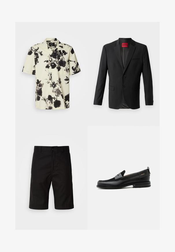 Schwarzer Blazer aus glattem Stoff, mit zwei vorderen Knöpfen, eingeklappten Revers und einer einzelnen Brusttasche. Etikett innen im Kragen sichtbar.; Kurzarmhemd mit cremefarbener Grundfarbe und schwarzen Blumenmustern. Hergestellt aus leichtem Stoff, hat es eine Knopfleiste und eine Brusttasche.; Schwarze Shorts aus festem Stoff, mit geradem Schnitt, Knopfverschluss und glatter Textur ohne sichtbare Muster.; Schwarzer Lederloafer mit grauem Riemendetail, niedrigem Absatz und strukturierter Sohle, seitlich mit „HUGO“ in Gold gebrandmarkt.