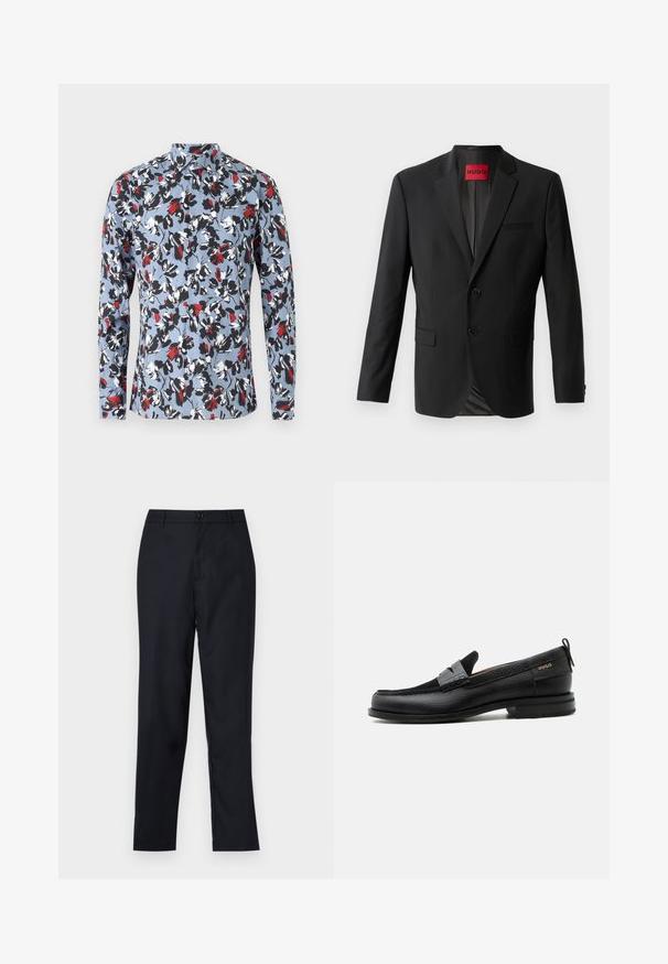 Sort blazer lavet af glat stof, med to frontknapper, spidse klapper og en enkelt brystlomme. Etiket synlig inde i kraven.; Lynlange skjorte med knapper i lyseblå med et blomstermønster i rød, sort og hvid. Har en krave og frontknaplukning.; Marineblå bukser lavet af glat stof, med lige ben design, en enkelt knaplukning og subtile forfald i fronten.; Sort læderloafer med grå remdetalje, lav hæl og tekstureret sål, mærket med "HUGO" i guld på siden.