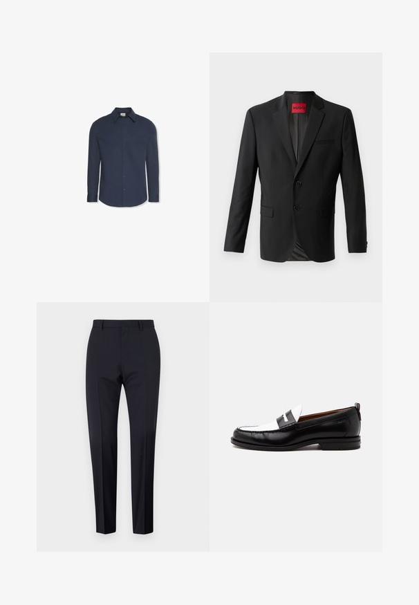 Blazer negro hecho de tela suave, con dos botones frontales, solapas con muesca y un bolsillo en el pecho. Etiqueta visible en el interior del cuello.; Camisa azul marino de manga larga con botones, cuello y puños, con una etiqueta de Calvin Klein dentro del cuello.; Pantalones de traje en color navy, de tiro plano, corte slim, con trabillas para cinturón y bolsillos laterales. Tejido suave con un acabado nítido, sin patrones ni acentos visibles.; Mocasín de cuero blanco y negro con detalles cosidos, tacón bajo y diseño tipo slip-on, mostrado de lado sobre un fondo liso.