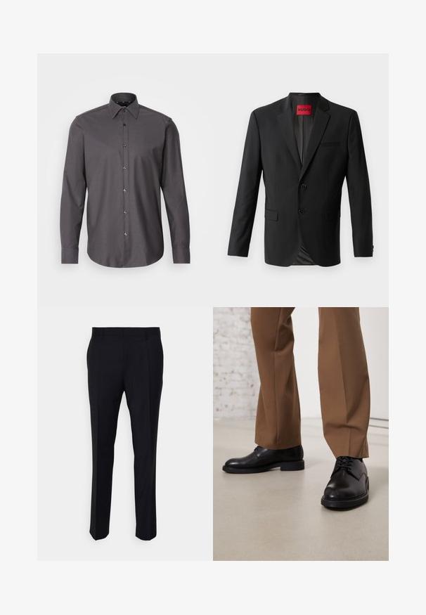 Blazer noir en tissu lisse, avec deux boutons à l'avant, revers crantés et une poche poitrine simple. Étiquette visible à l'intérieur du col.; Chemise boutonnée gris foncé avec manches longues, col et petit motif texturé. Présente des boutons brillants et un ourlet arrondi.; Pantalon noir en tissu tissé, à coupe ajustée, avec un devant plat, des poches latérales et une coupe droite.; Chaussures en cuir noir avec une surface lisse et un bout arrondi, dotées d'un système de laçage et d'une semelle plate et basse. Associées à un pantalon marron.