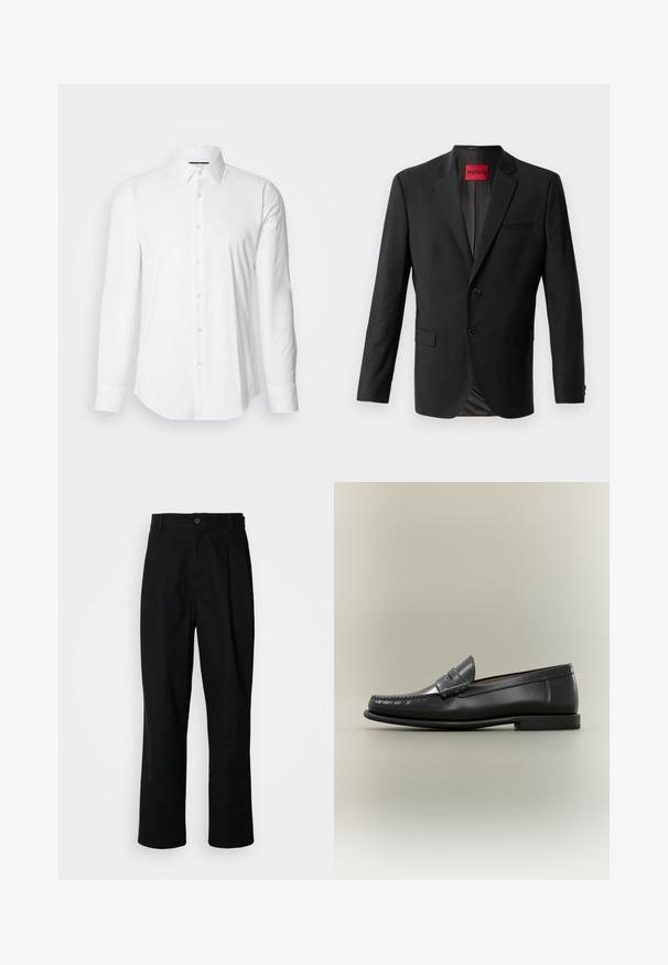 Sort blazer lavet af glat stof, med to frontknapper, spidse klapper og en enkelt brystlomme. Etiket synlig inde i kraven.; Hvid langærmet skjorte lavet af glat stof, med klassisk krave og knap-front design samt en buet kant. Knapperne er diskret blanke.; Sorte lige ben bukser med en knaplukket talje, bæltestropper og en frontfold, præsenteret mod en ensfarvet hvid baggrund.; Sort læder herresko med moc-toe-design, penny-rem og lav hæl på en neutral baggrund.