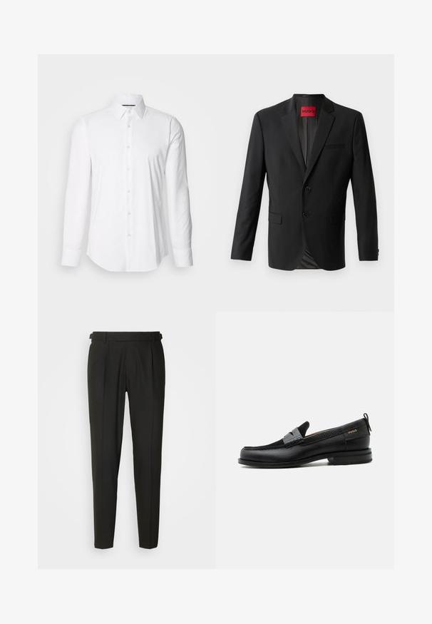 Schwarzer Blazer aus glattem Stoff, mit zwei vorderen Knöpfen, eingeklappten Revers und einer einzelnen Brusttasche. Etikett innen im Kragen sichtbar.; Weißes Langarmhemd aus glattem Stoff mit klassischem Kragen und durchgehender Knopfleiste, das einen abgerundeten Saum hat. Die Knöpfe sind dezent glänzend.; Schwarze maßgeschneiderte Hose mit flacher Vorderseite, zwei Falten, Gürtelschlaufen und geradem Bein. Hergestellt aus glattem, leichtem Stoff.; Schwarzer Lederloafer mit grauem Riemendetail, niedrigem Absatz und strukturierter Sohle, seitlich mit „HUGO“ in Gold gebrandmarkt.