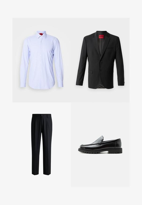 Schwarzer Blazer aus glattem Stoff, mit zwei vorderen Knöpfen, eingeklappten Revers und einer einzelnen Brusttasche. Etikett innen im Kragen sichtbar.; Hellblau gemustertes Button-Down-Hemd mit langen Ärmeln und klassischem Kragen. Verfügt über kleine Quadrate und weiße Knöpfe. Glatte Stofftextur.; Schwarze Hose aus glattem Stoff, mit geradem Bein-Design, Falten vorne und einem Knopfverschluss mit Gürtelschlaufen.; Schwarzer Lederloafer mit grober Gummisohle, genähter Oberseite und geprägtem Markennamen an der Ferse, seitlich auf weißem Hintergrund gezeigt.