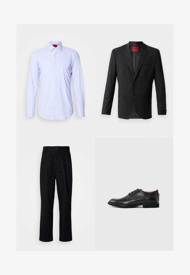 Zwarte blazer gemaakt van gladde stof, met twee knopen aan de voorkant, inspringende revers en een enkele borstzak. Label zichtbaar in de kraag.; Lichtblauwe geblokte button-up shirt met lange mouwen en een klassieke kraag. Kenmerkt zich door kleine vierkanten en witte knopen. Glad stoffen textuur.; Zwarte rechte broek met een knoopsluiting, lusjes voor een riem en een voornaad, gepresenteerd tegen een effen witte achtergrond.; Zwarte leren herenschoen met vetersluiting en rood trekfolie op de hiel tegen een effen achtergrond.