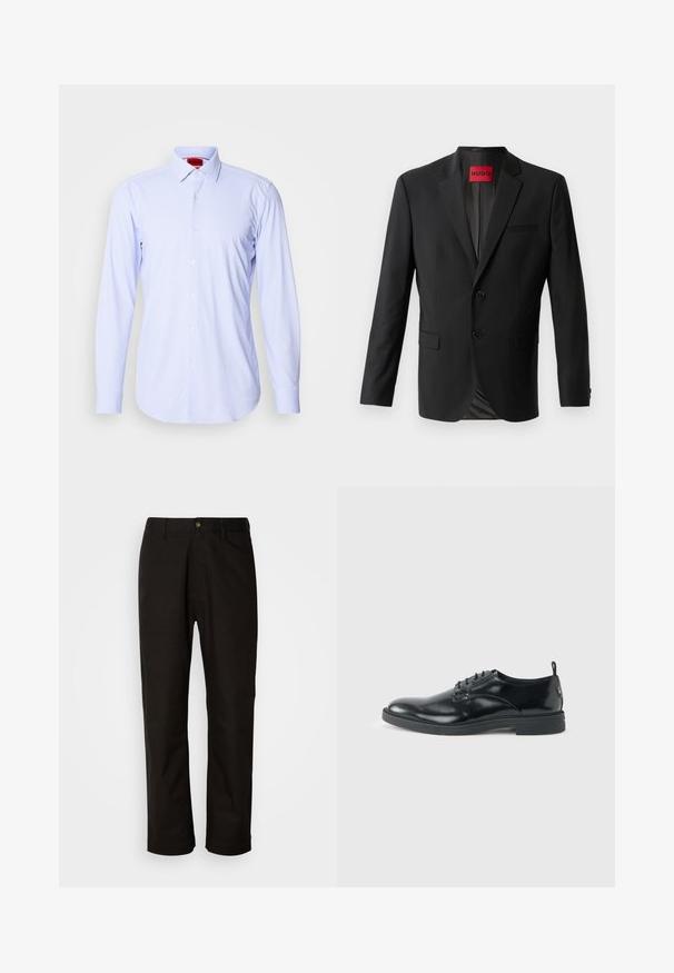 Sort blazer lavet af glat stof, med to frontknapper, spidse klapper og en enkelt brystlomme. Etiket synlig inde i kraven.; Lysblå mønstret skjorte med lange ærmer og klassisk krave. Har små firkanter og hvide knapper. Glat stofstruktur.; Sorte bomuldsbukser med lige pasform, bæltestropper, lynlås foran og en enkelt knappelukning. Glat tekstur uden synlige mønstre.; Blank sort læder dresssko med lav hæl, snørelukning og rund tå, vist fra siden på ensfarvet lys baggrund.