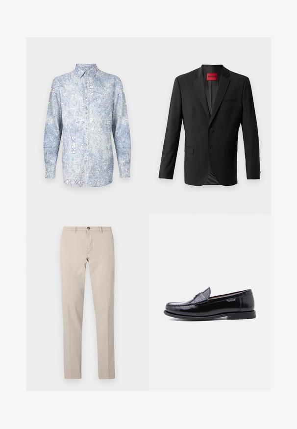 Blazer noir en tissu lisse, avec deux boutons à l'avant, revers crantés et une poche poitrine simple. Étiquette visible à l'intérieur du col.; Chemise boutonnée bleu clair avec motifs floraux, manches longues et col classique. Fabriquée en tissu doux avec une texture lisse.; Pantalon beige ajusté avec passants de ceinture, fermeture par bouton et zip à l'avant, présenté à plat sur un fond blanc.; Mocassins en cuir noir avec une finition brillante, présentant un motif cousu sur l'avant-pied et une semelle en caoutchouc noire texturée et basse.