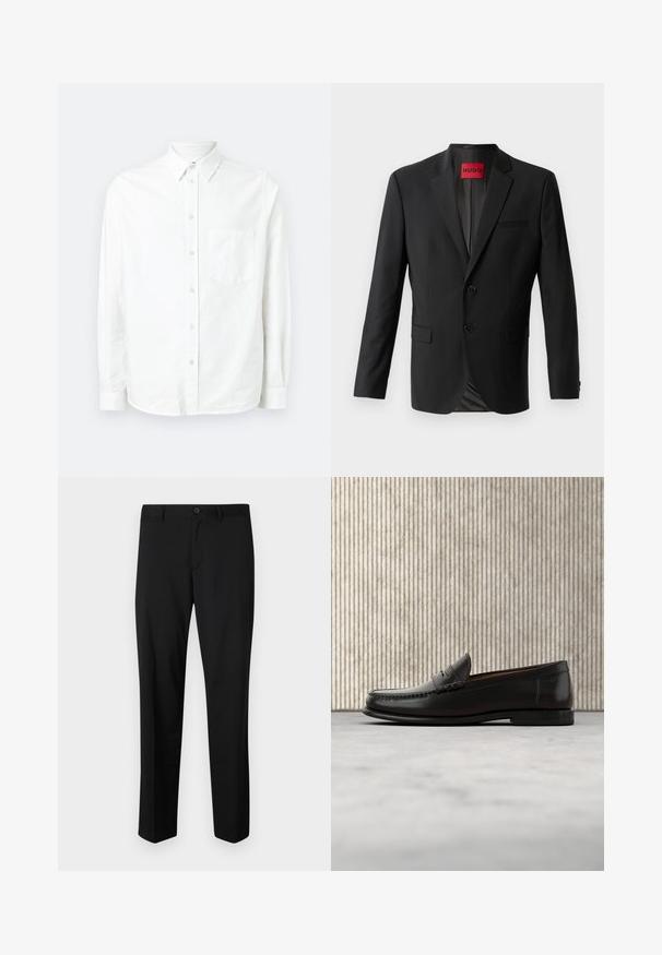 Sort blazer lavet af glat stof, med to frontknapper, spidse klapper og en enkelt brystlomme. Etiket synlig inde i kraven.; Hvid langærmet skjorte med knaplukning lavet af letvægtsstof. Har en frontlomme, klassisk krave og subtil tekstur.; Sorte skræddersyede bukser med flad front, standard talje og lige ben. Lavet af glat stof, med en enkelt knaplukning.; Sort læder penny loafer med lav hæl, rundet tå og syningsdetaljer langs fronten og siderne, vist på neutral baggrund.