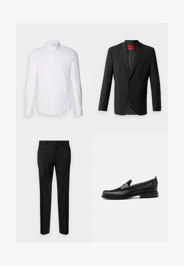 Blazer noir en tissu lisse, avec deux boutons à l'avant, revers crantés et une poche poitrine simple. Étiquette visible à l'intérieur du col.; Chemise blanche à manches longues en coton, dotée d'un col classique, de boutons à l'avant et de détails de couture minimalistes.; Pantalons noirs ajustés en tissu lisse, présentant une jambe droite, des détails de pli raffinés et une taille classique avec passants de ceinture.; Mocassin en cuir noir avec détail de bride grise, talon bas et semelle texturée, marqué "HUGO" en or sur le côté.