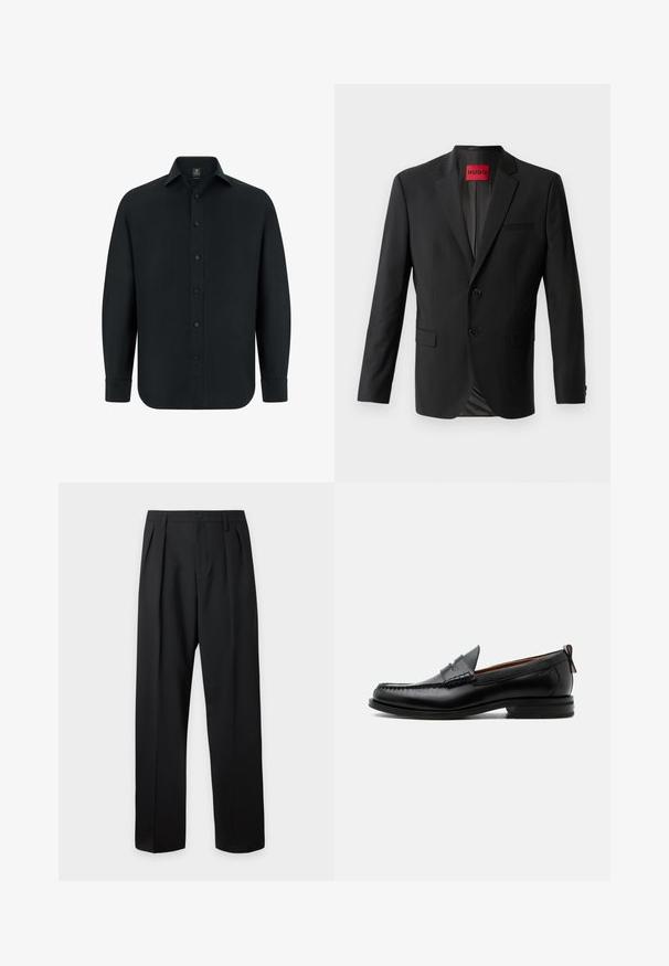 Blazer noir en tissu lisse, avec deux boutons à l'avant, revers crantés et une poche poitrine simple. Étiquette visible à l'intérieur du col.; Chemise noire à manches longues avec boutons, col pointu et poignets, devant uni, présentée sur fond blanc.; Pantalon noir taille haute, sur-mesure, avec passants pour ceinture, plis sur le devant, fermeture par bouton et jambes droites larges sur fond clair.; Mocassin homme en cuir noir avec couture moc toe, bride penny, col texturé et petit talon empilé sur fond blanc.