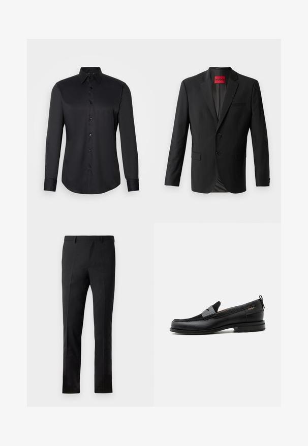 Sort blazer lavet af glat stof, med to frontknapper, spidse klapper og en enkelt brystlomme. Etiket synlig inde i kraven.; Sort skjorte med knaplukning, lavet af glat stof, med klassisk krave, lange ærmer og knaplukning foran.; Sorte bukser med en skræddersyet pasform, der har en flad front, to pressefolder, bæltestropper og en glat overflade. Ingen synlige mønstre eller beslag.; Sort læderloafer med grå remdetalje, lav hæl og tekstureret sål, mærket med "HUGO" i guld på siden.