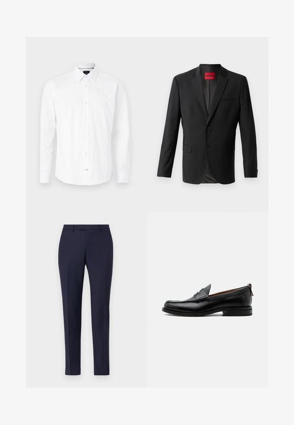 Blazer noir en tissu lisse, avec deux boutons à l'avant, revers crantés et une poche poitrine simple. Étiquette visible à l'intérieur du col.; Chemise blanche à manches longues en coton. Présente un col boutonné, une fermeture à boutons à l'avant avec des boutons roses, et un ourlet arrondi.; Pantalons sur mesure bleu marine au design épuré, à l'avant plat, aux jambes étroites et sans matériel ou motifs visibles. Tissu au texture lisse.; Mocassin homme en cuir noir avec couture moc toe, bride penny, col texturé et petit talon empilé sur fond blanc.