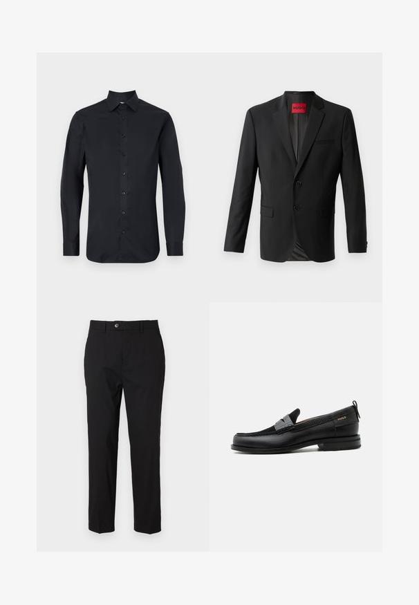 Sort blazer lavet af glat stof, med to frontknapper, spidse klapper og en enkelt brystlomme. Etiket synlig inde i kraven.; Sort langærmet skjorte lavet af glat stof, med klassisk krave, frontknaplukning og knapmansjetter.; Sorte bukser lavet af glat stof, med knaplukning, bælteholdere og to sidelommer. Lige ben-udsnit med minimal detaljering.; Sort læderloafer med grå remdetalje, lav hæl og tekstureret sål, mærket med "HUGO" i guld på siden.