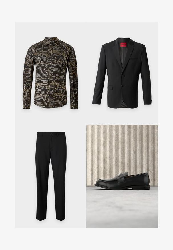 Sort blazer lavet af glat stof, med to frontknapper, spidse klapper og en enkelt brystlomme. Etiket synlig inde i kraven.; Sort skjorte med et bølget guldmønster, lange ærmer og en standard krave, lavet af glat stof med en blank overflade.; Sorte skræddersyede bukser med flad front, standard talje og lige ben. Lavet af glat stof, med en enkelt knaplukning.; Sort læderloafer med metalbrandskilt hvilende nær et brunt rundt bord på beige tæppe.
