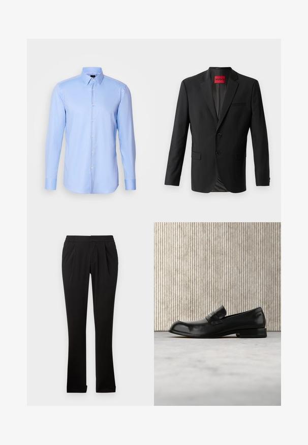 Blazer noir en tissu lisse, avec deux boutons à l'avant, revers crantés et une poche poitrine simple. Étiquette visible à l'intérieur du col.; Chemise à manches longues bleu clair, boutonnée, en tissu texturé avec un col pointu et une fermeture classique à boutons à l'avant.; Pantalons noirs en tissu lisse avec une taille élastique, des jambes droites, des plis avant et des ourlets retournés. Design simple et polyvalent.; Mocassin en cuir noir avec un accent métallique, présenté en lévitation au-dessus d'un tapis beige, avec une table ronde de couleur ambre en arrière-plan.
