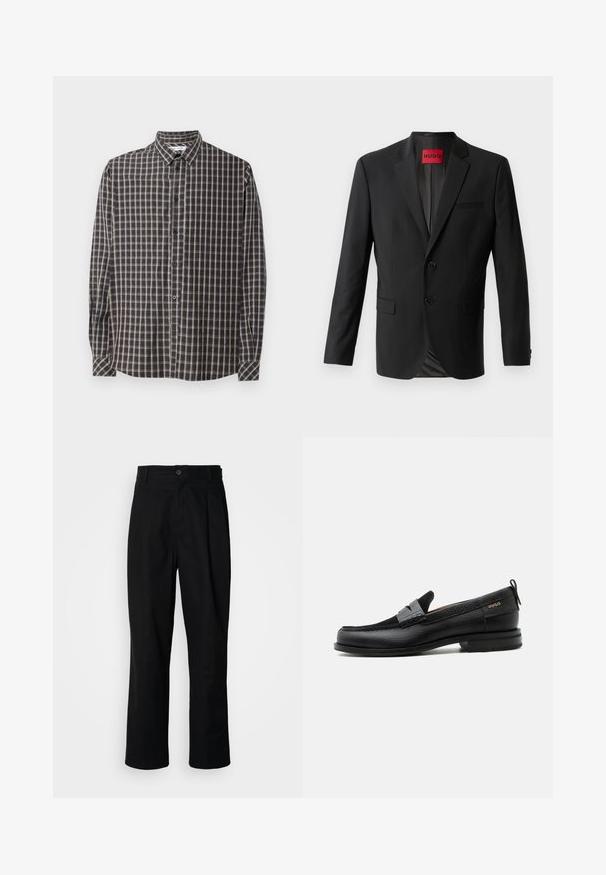 Schwarzer Blazer aus glattem Stoff, mit zwei vorderen Knöpfen, eingeklappten Revers und einer einzelnen Brusttasche. Etikett innen im Kragen sichtbar.; Langärmliges Button-Down-Hemd im dunkelblauen und beigen Karomuster. Verfügt über einen klassischen Kragen und vordere Knöpfe mit geradem Saum.; Schwarze gerade geschnittene Hosen mit einem Knopfverschluss, Gürtelschlaufen und Vorderfalten, vor einem schlichten weißen Hintergrund präsentiert.; Schwarzer Lederloafer mit grauem Riemendetail, niedrigem Absatz und strukturierter Sohle, seitlich mit „HUGO“ in Gold gebrandmarkt.