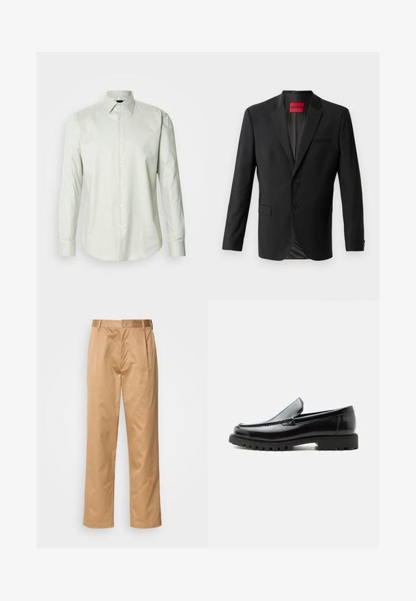 Blazer noir en tissu lisse, avec deux boutons à l'avant, revers crantés et une poche poitrine simple. Étiquette visible à l'intérieur du col.; Chemise à manches longues vert clair, à boutons, avec un col structuré, texture unie et patte de boutonnage à l'avant avec des boutons blancs.; Pantalons khaki, en mélange de coton, coupe droite, plis avant, passants de ceinture et fermeture à bouton. Texture lisse sans motifs.; Mocassin en cuir noir avec semelle en caoutchouc épaisse, dessus cousu et nom de marque embossé sur le talon, présenté de profil sur fond blanc.
