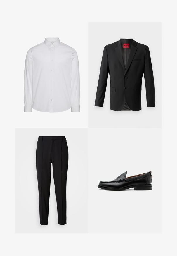 Blazer negro hecho de tela suave, con dos botones frontales, solapas con muesca y un bolsillo en el pecho. Etiqueta visible en el interior del cuello.; Camisa blanca de manga larga con botones, hecha de algodón. Presenta un cuello estándar, tapeta frontal con botones y dobladillo redondeado. Logo de la marca discreto.; Calvin Klein PULL ON - Pantalones - black; Mocasín de hombre de piel negra con costura moc toe, tira penny, cuello texturizado y tacón bajo apilado sobre fondo blanco.