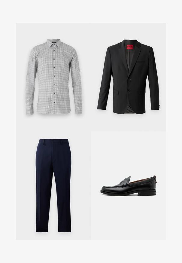 Schwarzer Blazer aus glattem Stoff, mit zwei vorderen Knöpfen, eingeklappten Revers und einer einzelnen Brusttasche. Etikett innen im Kragen sichtbar.; Langarmshirt in Weiß und Schwarz mit geometrischem Muster, durchgehende Knopfleiste und klassischem Kragen. Leichter Stoff mit glatter Textur.; Marineblaue Hose aus glattem Stoff, mit klassischem geradem Bein, vorderen Taschen und einem Knopfverschluss in der Taille.; Schwarzer Leder-Herrenschuh mit Mokassinnaht, Penny-Riemen, strukturiertem Kragen und niedrigem gestapeltem Absatz auf weißem Hintergrund.