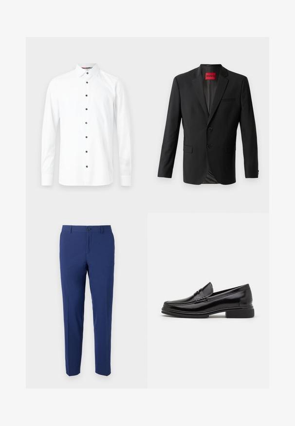 Blazer noir en tissu lisse, avec deux boutons à l'avant, revers crantés et une poche poitrine simple. Étiquette visible à l'intérieur du col.; Chemise blanche à manches longues avec boutons noirs, col pointu et poignets boutonnés sur fond gris clair.; Pantalons bleu marine en tissu lisse ; coupe slim avec une jambe droite, fermeture à un bouton et poches latérales.; Mocassins en cuir noir avec un embout arrondi, présentant un détail cousu sur le dessus, et un petit talon carré. Texture lisse et finition brillante.