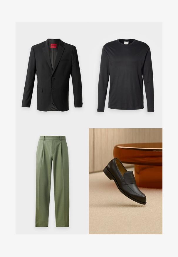Zwarte blazer gemaakt van gladde stof, met twee knopen aan de voorkant, inspringende revers en een enkele borstzak. Label zichtbaar in de kraag.; Zwarte longsleeve crewneck shirt van Calvin Klein met klein CK-logo op de linkerborst, weergegeven op een witte achtergrond.; Aangepaste broeken van olijfgroen stof met een gladde textuur, voorzien van twee voorplooien, riemlussen en een rechte broekleg.; Zwarte leren loafer met lage hak zwevend boven een beige tapijt dichtbij een ronde bruine tafel.