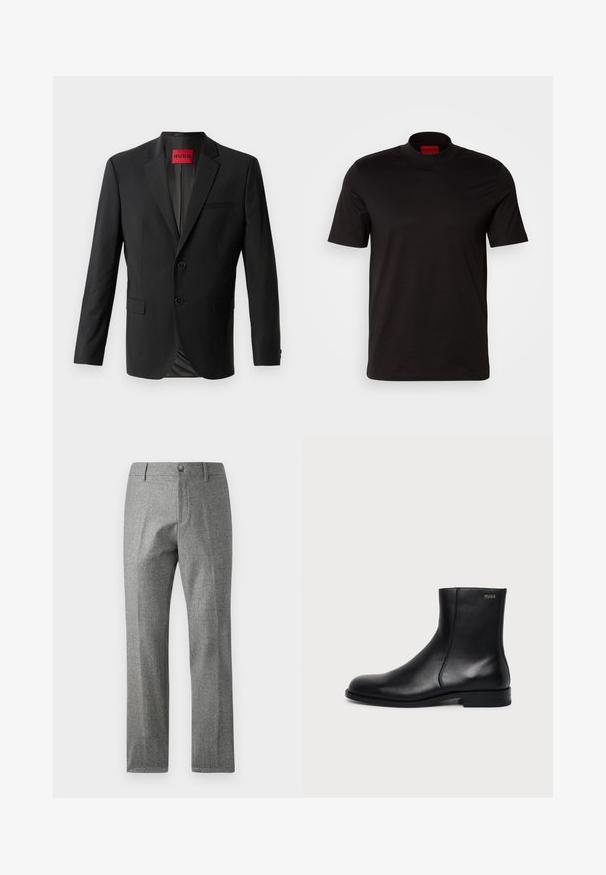 Blazer negro hecho de tela suave, con dos botones frontales, solapas con muesca y un bolsillo en el pecho. Etiqueta visible en el interior del cuello.; Camiseta negra de manga corta con un diseño de cuello alto. Fabricada con un tejido suave. Presenta una etiqueta de marca roja en el interior del cuello.; Pantalones grises texturizados con un diseño de pierna recta, que presentan un cierre frontal con botón y cremallera. Detalle sutil de patrón de espiga.; Botín negro de cuero con tacón bajo, costura lateral y pequeño logo "HUGO" en el puño superior sobre un fondo liso.