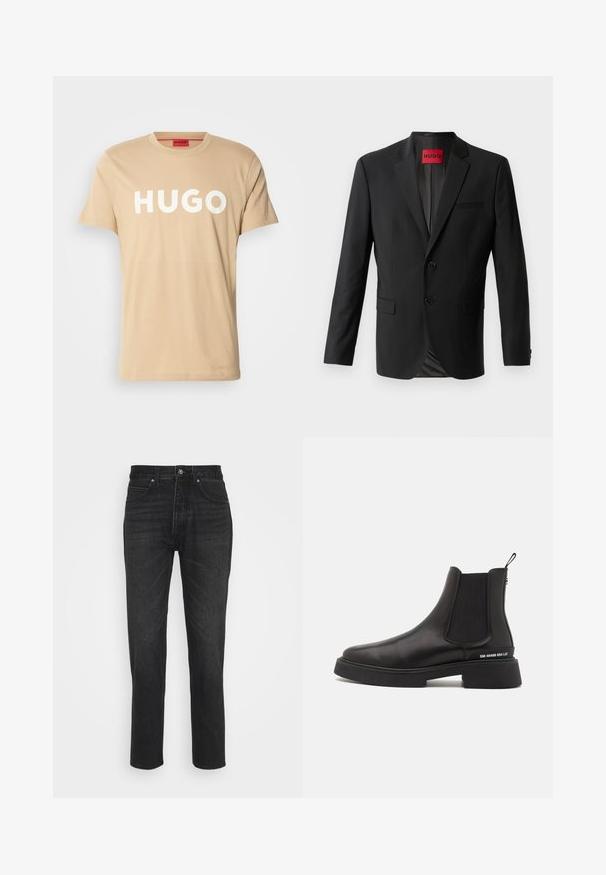 Sort blazer lavet af glat stof, med to frontknapper, spidse klapper og en enkelt brystlomme. Etiket synlig inde i kraven.; Beige bomulds T-shirt med rund hals, korte ærmer og et markant hvidt "HUGO" logo på forsiden. Glat tekstur, afslappet design.; Sorte denimjeans med et lige ben-design, der har fem lommer, knaplukning og subtile syninger.; Steve Madden ZHANE - Støvletter - black
