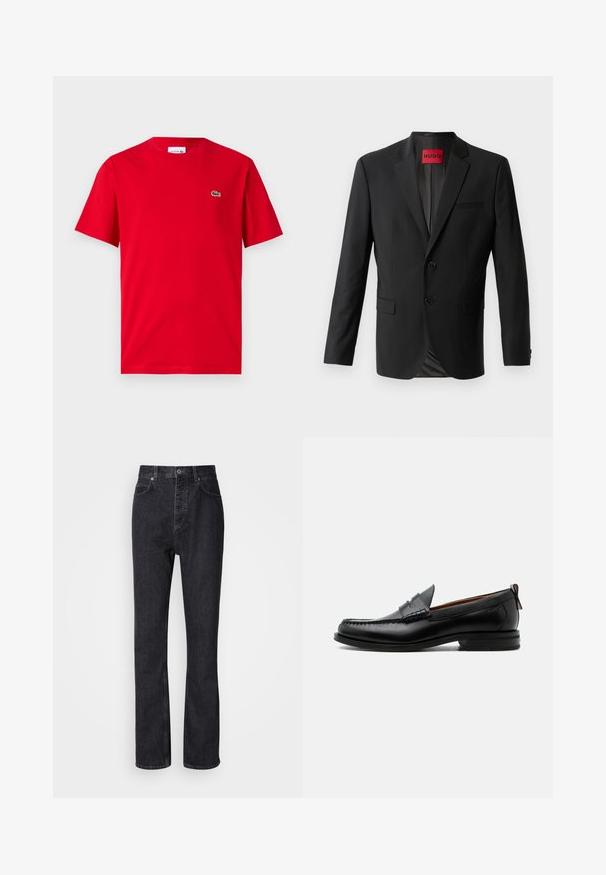 Schwarzer Blazer aus glattem Stoff, mit zwei vorderen Knöpfen, eingeklappten Revers und einer einzelnen Brusttasche. Etikett innen im Kragen sichtbar.; Rotes Baumwoll-T-Shirt mit kurzen Ärmeln, Rundhalsausschnitt und kleinem grünen Krokodil-Logo auf der linken Brust. Glatte Textur, lässige Passform.; Hochtaillierte schwarze Jeans aus Denim mit Knopf- und Reißverschluss, Vorder- und Hintertaschen sowie einer geraden Passform.; Schwarzer Leder-Herrenschuh mit Mokassinnaht, Penny-Riemen, strukturiertem Kragen und niedrigem gestapeltem Absatz auf weißem Hintergrund.