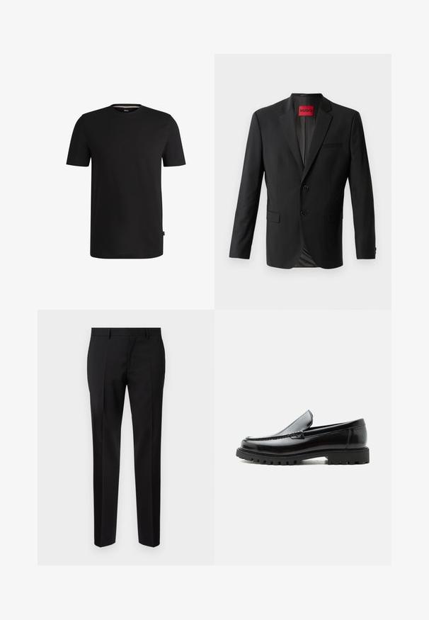 Schwarzer Blazer aus glattem Stoff, mit zwei vorderen Knöpfen, eingeklappten Revers und einer einzelnen Brusttasche. Etikett innen im Kragen sichtbar.; Schwarzes T-Shirt mit kurzen Ärmeln aus weicher Baumwolle und rundem Halsausschnitt. Verfügt über ein dezentes Markenlabel auf der linken Seite nahe dem Saum.; Schwarze maßgeschneiderte Hosen aus glattem Stoff, mit geradem Bein, feinen Bügelfalten und einem klassischen Bund mit Gürtelschlaufen.; Schwarzer Lederloafer mit grober Gummisohle, genähter Oberseite und geprägtem Markennamen an der Ferse, seitlich auf weißem Hintergrund gezeigt.