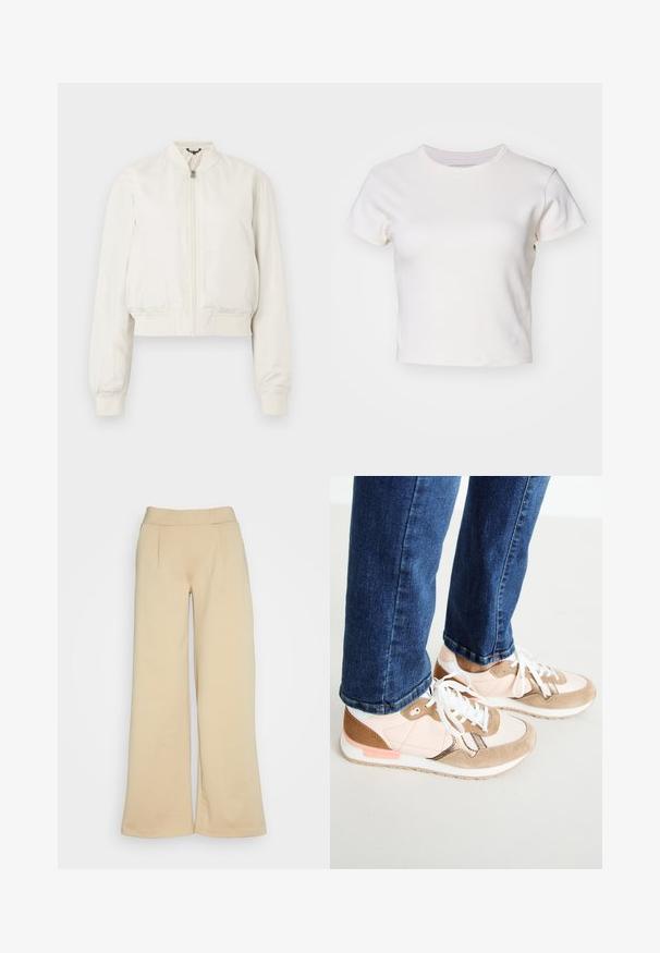 Cazadora bomber corta en tela blanco roto, con cierre frontal de cremallera, cuello alto y puños acanalados, con una textura suave y mate.; Denim Project DPMDPWRIBBED CROPPED T-SHIRT - Camiseta básica - jet stream; Pantalones de pierna ancha beige con una textura suave, con una cinturilla alta y dos pliegues frontales que añaden un detalle de diseño.; Zapatillas con una mezcla de piel en color rosa empolvado y ante beige, con cordones blancos, una entresuela blanca y una suela de goma texturizada. Jeans de mezclilla ligeramente recortados por encima del zapato.